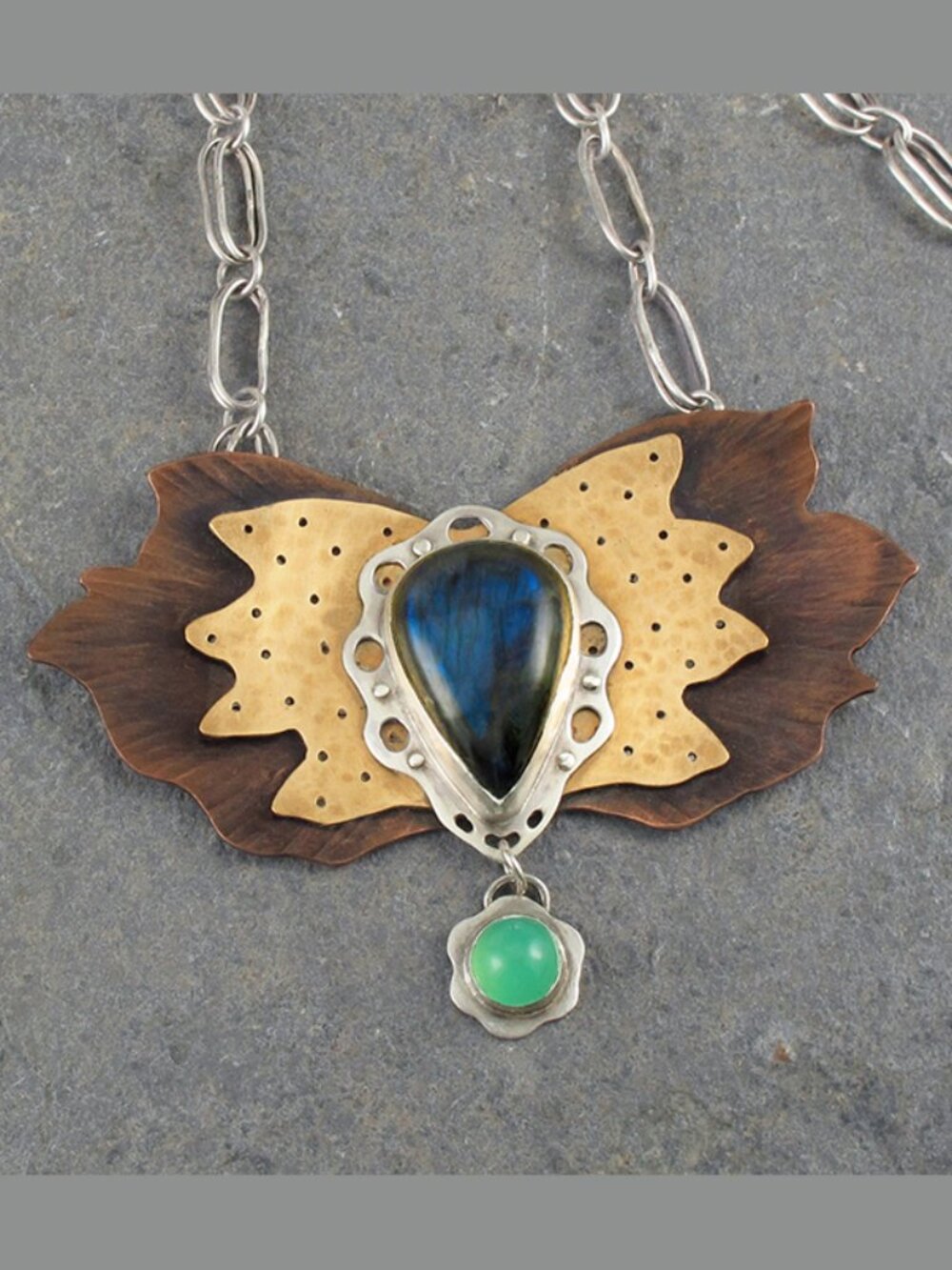 Copper, Bronze & Sterling Silver Necklace w/ Labradorite, Chrysoprase